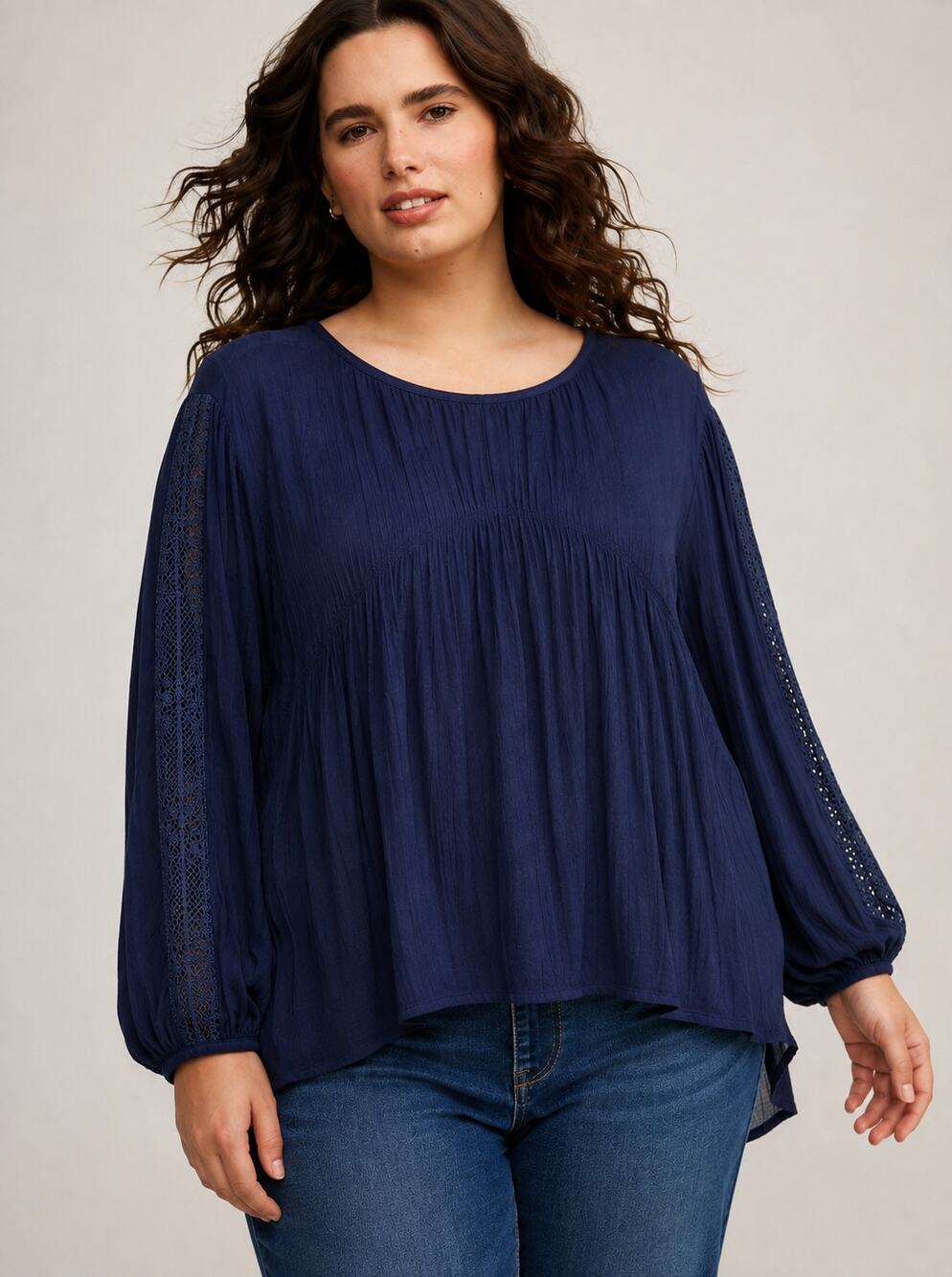 Zac & Rachel Woman 2X Navy Gauze Peasant Blouse Crochet Sleeve Boho Plus Size
